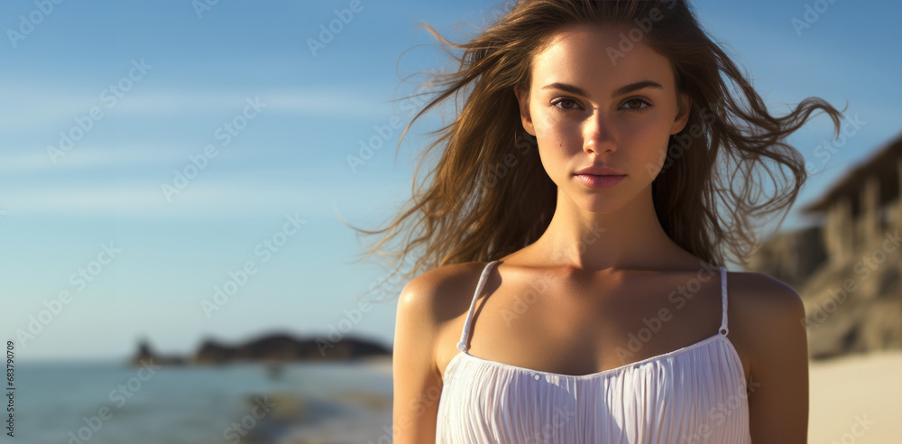 Naklejka premium beauty attractive woman with white dress on the beach