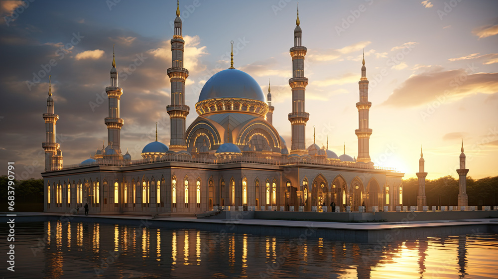 beautiful large mosque in the evening. islamic concept - obrazy, fototapety, plakaty 