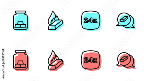 Set line Gold bars 24k, Molten gold being poured and icon. Vector