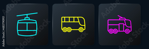 Set line Cable car, Trolleybus and Bus. Black square button. Vector