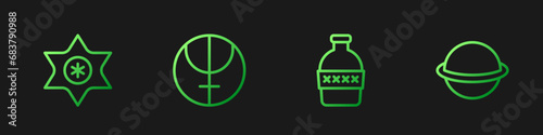Set line Bottle of water, Falling star, Neptune planet and Planet Saturn. Gradient color icons. Vector