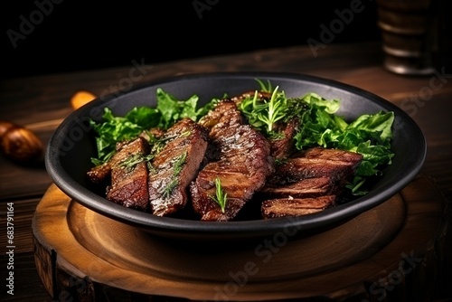 Fried meat with greens inside dark plate on the brown wooden desk meal food dinner, copy space, generative ai