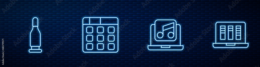 Set line Laptop with music, Bullet, Drum machine and Sound or audio recorder. Glowing neon icon on brick wall. Vector Set line Laptop with music, Bullet, Drum machine and Sound or audio recorder. Glowing neon icon on brick wall. Vector