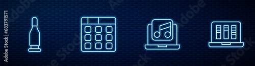 Set line Laptop with music, Bullet, Drum machine and Sound or audio recorder. Glowing neon icon on brick wall. Vector