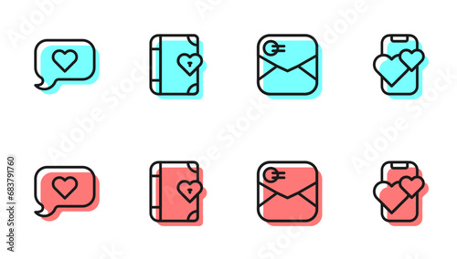Set line Envelope with Valentine heart, Heart speech bubble, Love diary and Dating app online mobile icon. Vector