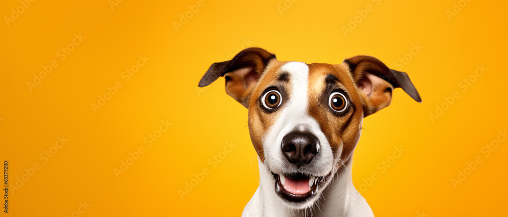  A Jack Russell Terrier Caught in the Act of Surprised Wonder, Against a Lively Orange Background, Expressing Canine Curiosity and Playfulness in a Captivating Portrait of Spontaneity and Charm