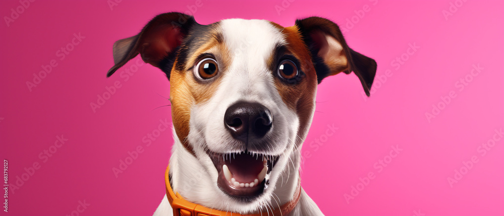  A Jack Russell Terrier Caught in the Act of Surprised Wonder, Against a Lively Pink Background, Expressing Canine Curiosity and Playfulness in a Captivating Portrait of Spontaneity and Charm