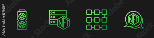 Set line NFT blockchain technology, Video graphic card, and Digital crypto art. Gradient color icons. Vector