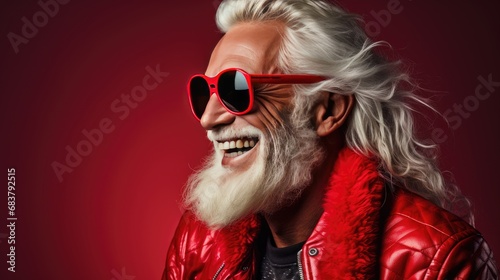 Modern Santa Claus in sunglasses. Full body view of Santa Claus on solid color background with copy space. Current Santa Claus.