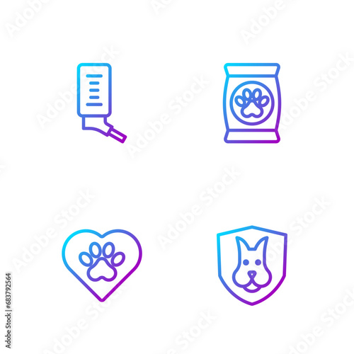 Set line Animal health insurance, Heart with animals footprint, Drinker for small pets and Bag of food. Gradient color icons. Vector