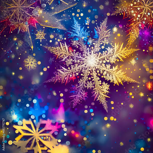 New Year  Christmas fantastic background with golden balls  snowflakes and birds