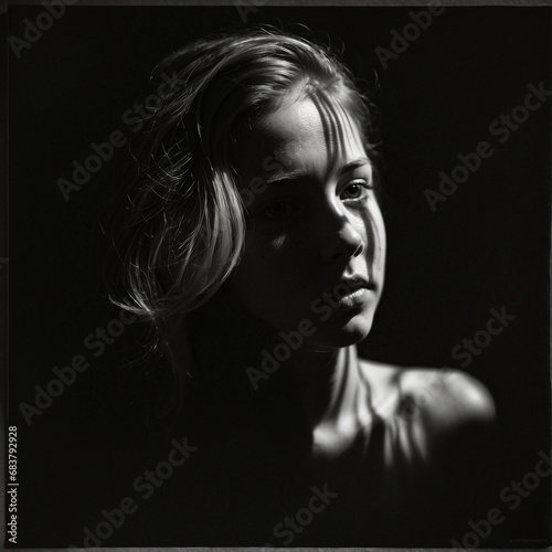 Back lit silhouette portrait of girl shot on a black background. Black and white image.