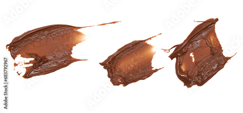 Set chocolate cream spread isolated on white background, top view photo