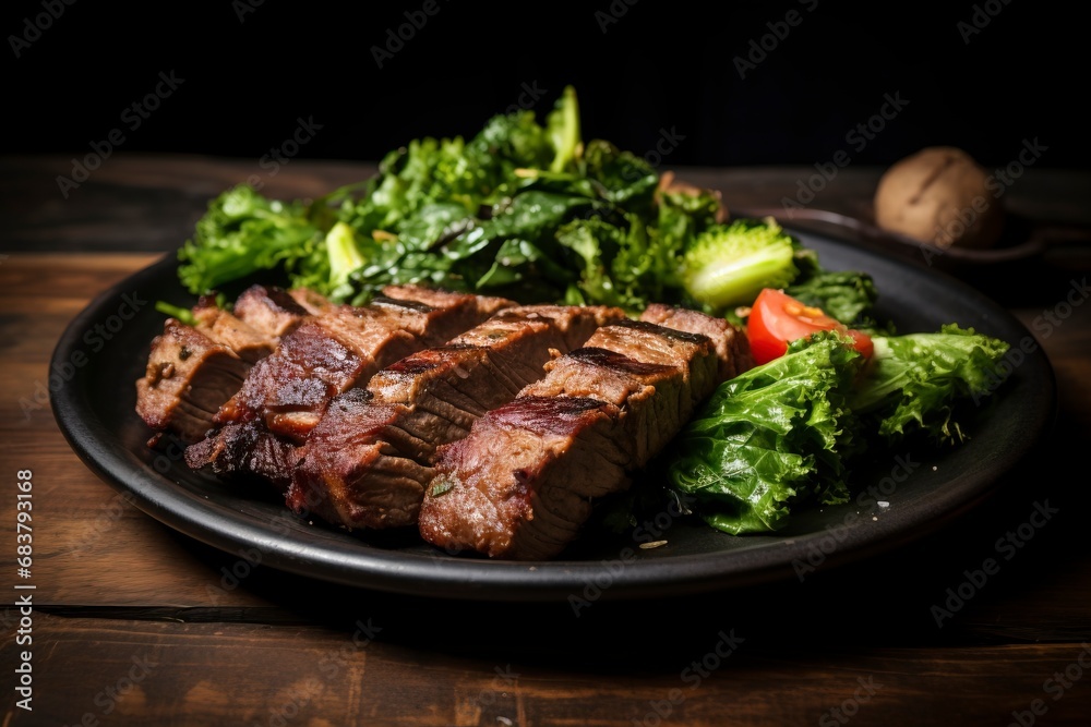 Fried meat with greens inside dark plate on the brown wooden desk meal food dinner, copy space, generative ai Fried meat with greens inside dark plate on the brown wooden desk meal food dinner, copy space, generative ai