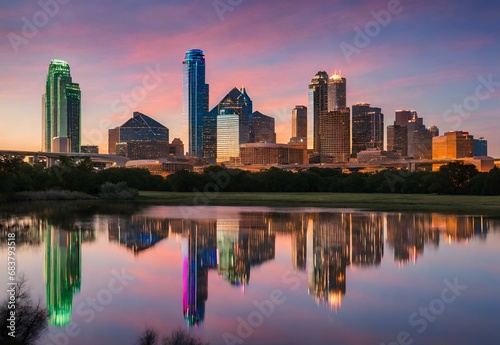 Skyline Serendipity: Texas' Dallas Skyline Reflections at Twilight.