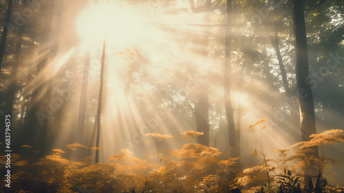 A forest full of mystery, with towering trees and the sun shining through the leaves