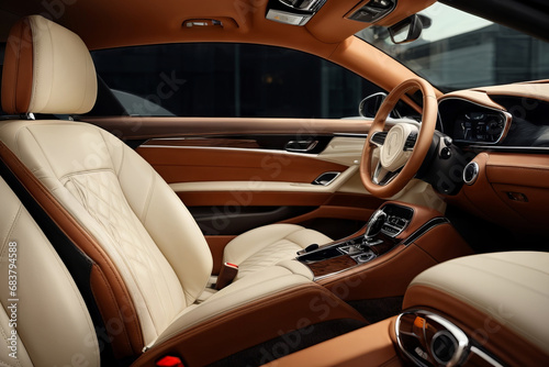 Beautiful luxury car interior in light colors and leather seats