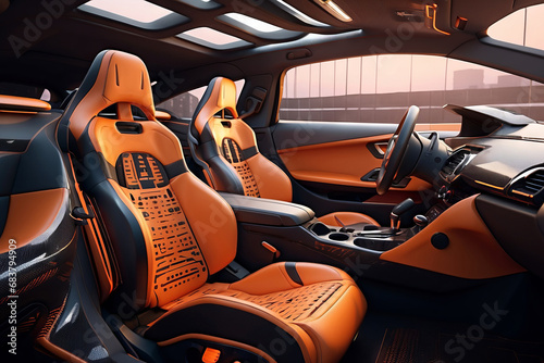 Beautiful interior of the car in orange and black colors. © liliyabatyrova