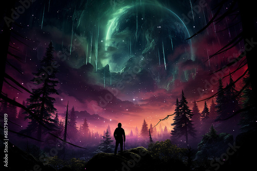 vibrant portrays sense of wonder and connection as a human gazes at Northern Aurora, showcasing person's silhouette, ethereal lights above, and sense of awe and unity with cosmos