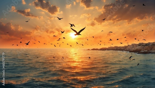 birds flying in the sunset photo
