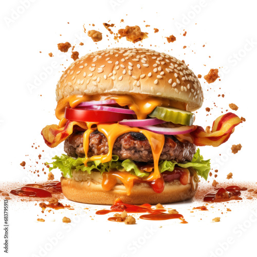 Large delicious juicy smoky burger separated on ingredients floating in air