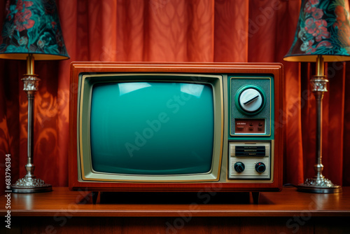 Vintage television in a vintage living room.Old television, lamps, table and red curtains. © graja