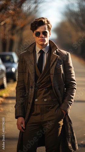 Young man in a stylish 1920s vintage suit with a large overcoat walking in the park.