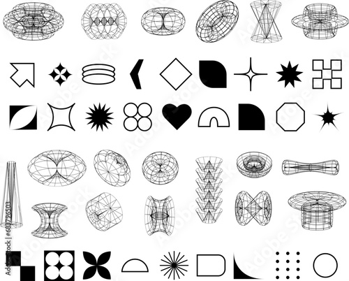 Set of abstract aesthetic geometric y2k elements and wireframe shapes. Black retro line design elements. Vector illustration for social networks or posters on a white background