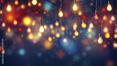 Abstract christmas led lights on dark background. Blurred glowing light bulb garland, layer for overlays to light up the bulbs. Festive concept background