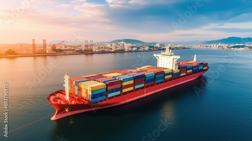 Aerial view of container cargo ship, import export commerce business trade logistic and transportation of International by container cargo ship, Freight shipping maritime