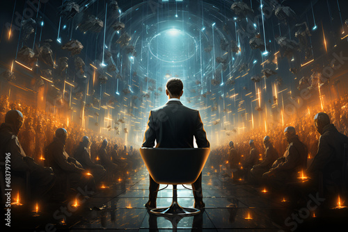 Start concept. A businessman sits on chair and looks at the world photo