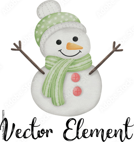 Vector Cute Snowman element in different color for chrismas in  watercolor