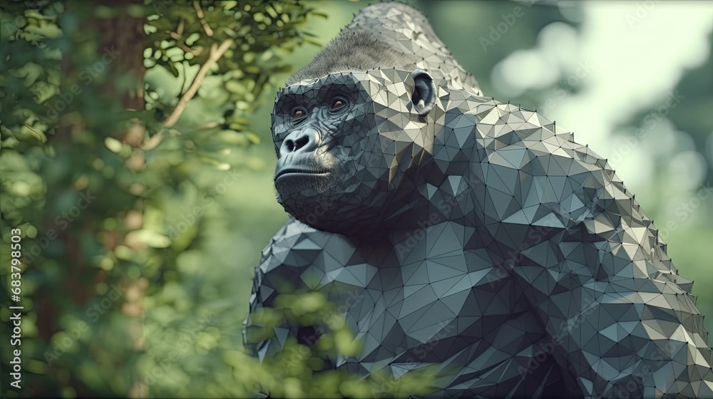 Portrait of a gorilla in a geometric shape, photo in a national geographic natural environment.
Portrait of a gorilla in a geometric shape, photo in a national geographic natural environment.