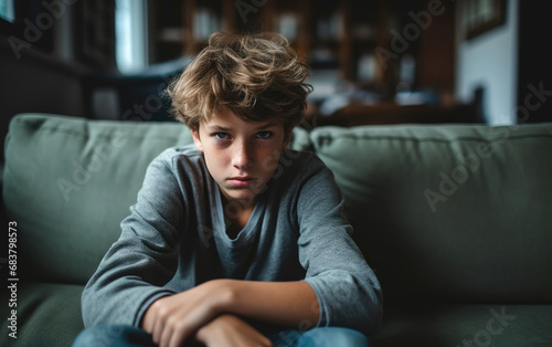 A teenager sitting on a sofa, has an anxious and distressed appearance and look, concept of adolescent anxiety