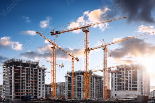A building real estate of a condominium, hotel, flat, or apartment under construction with industrial cranes on a clear sky background. Generative AI.