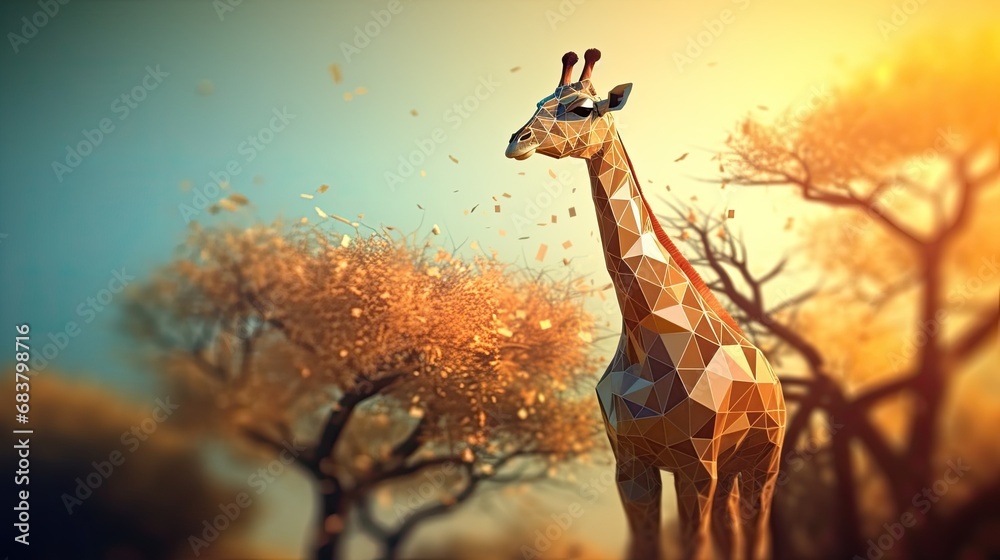 Portrait of a giraffe in a polygonal geometric shape, photo in a national geographic natural environment.