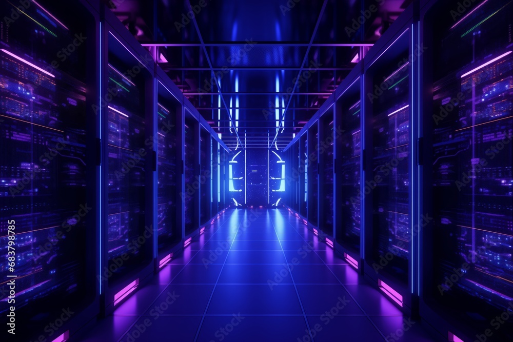 Modern data center room with rows of servers and blue LED lights, technology concept.