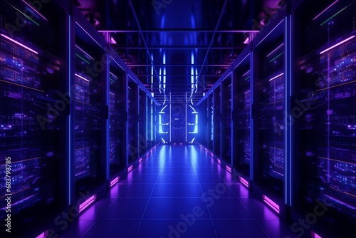 Modern data center room with rows of servers and blue LED lights, technology concept.