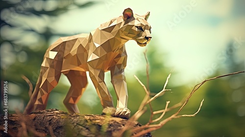 Portrait of a Puma in a polygonal geometric shape, photo in a national geographic natural environment.
