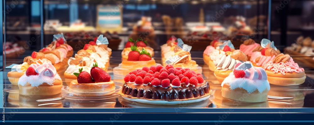 Appetizing chocolate cake and sweet pastries covered with berries in pastry shop