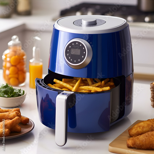 Modern electric air fryer with french fries and fried chicken nuggets. AI Generative