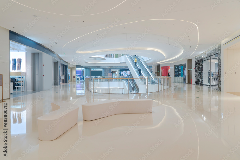 Shopping center escalators and indoor spaces