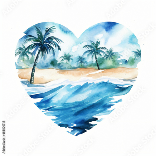 Watercolor Beach heart Clipart isolated on white background
