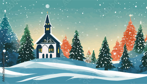 Christmas banner with small church and snow covered fir trees