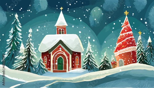 Christmas banner with small church and snow covered fir trees