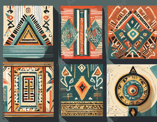 Ethnic Aztec cards, backgrounds set. Ancient Mexican tribal symbols, elements, lines, abstract patterns, navajo ornaments. Hand-drawn interior posters, wall art. Flat graphic vector illustrations