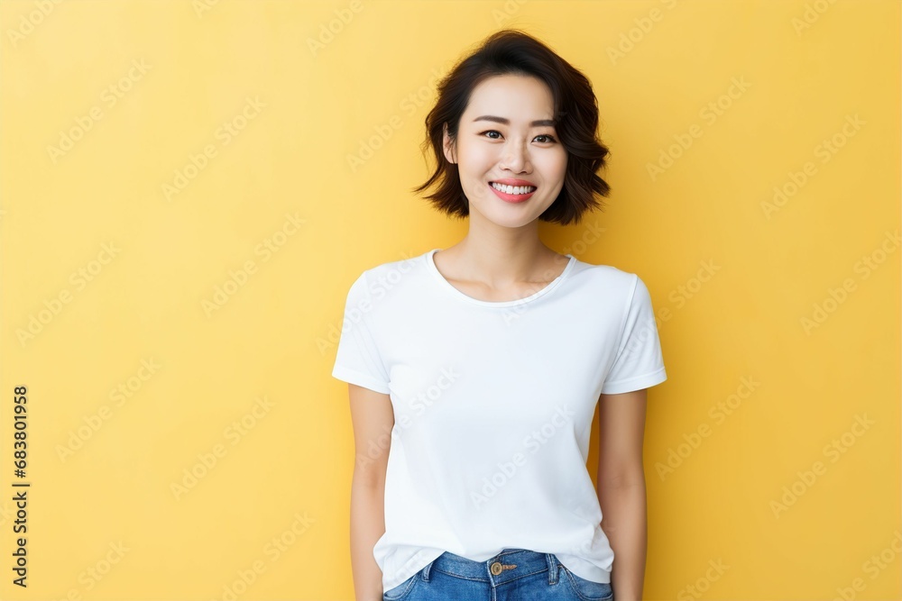 白いシャツを着て壁の前に立つ日本人の女性(アジア人・ファッションモデル・正面・モックアップ) 白いシャツを着て壁の前に立つ日本人の女性(アジア人・ファッションモデル・正面・モックアップ)