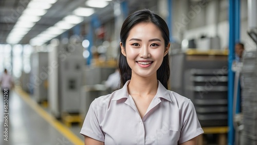 Energetic young Asian woman with a pleasant smile in industrial setting reflects diversity and modernity in the workplace