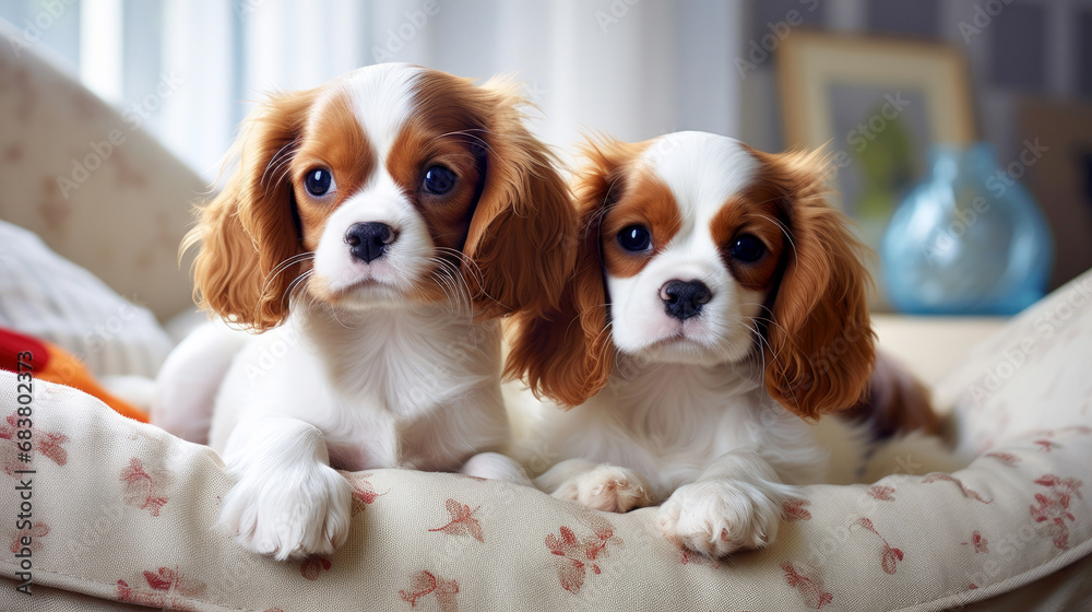 Two cute spaniel puppies resting on the bed