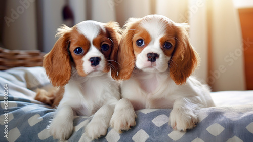 Two cute spaniel puppies resting on the bed